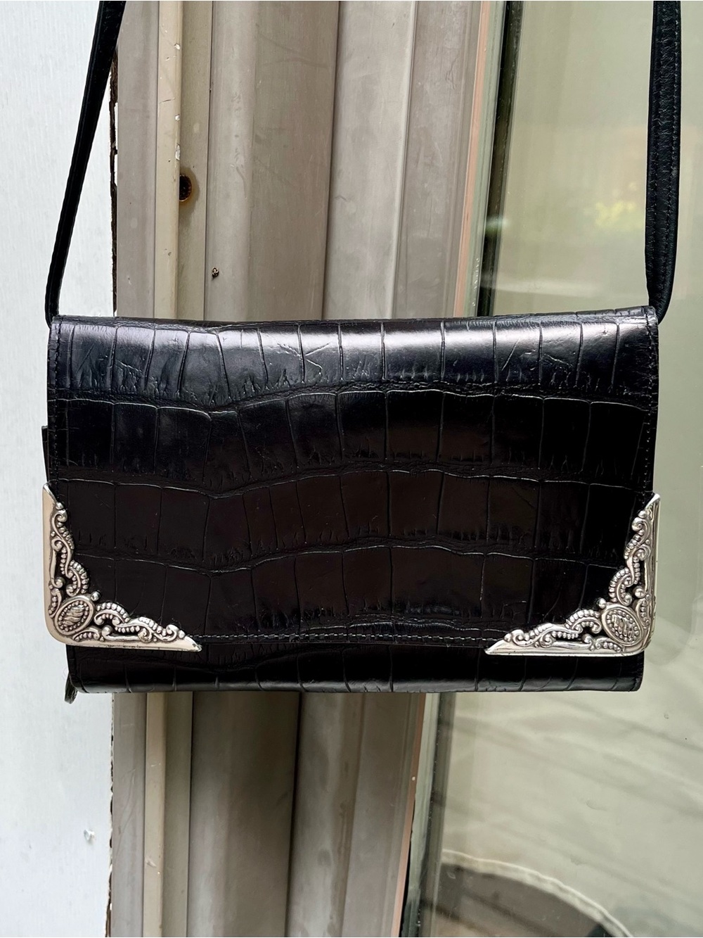 Vintage Brighton convertible crossbody bag / clutch black croc w/ silver detail